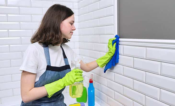 Mulher com avental azul e luvas de borracha verdes limpando o azulejo do banheiro.