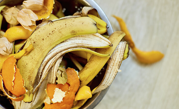 Cascas de banana e laranja usadas para compostagem.