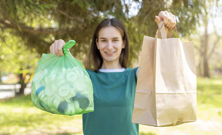 Mulher segurando sacola plástica e de papel para consumo consciente. 