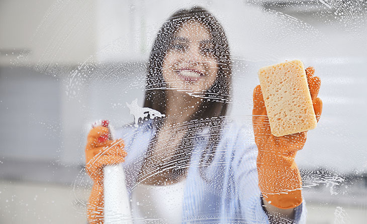 mulher limpando uma janela de vidrro