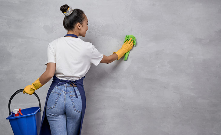 Mulher segurando um balde em uma mão e limpando a parede com a outra.