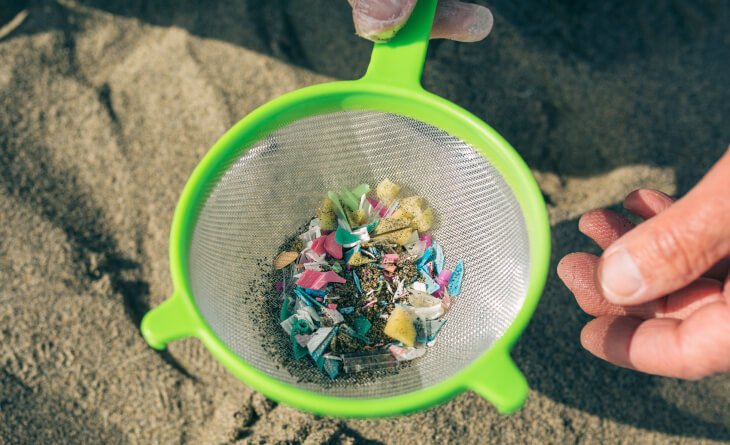 Peneira com microplásticos da areia da praia.