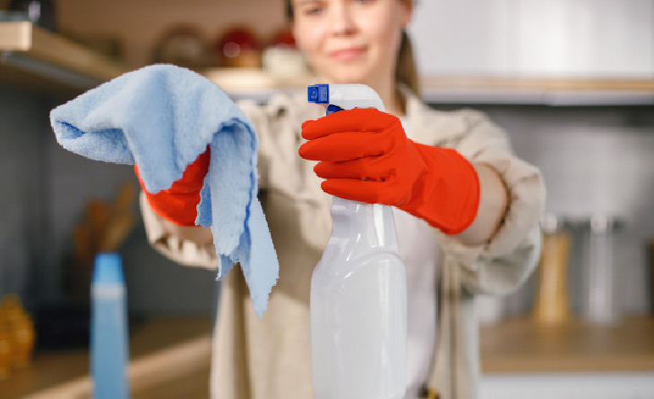 Mulher borrifando produto de limpeza no pano.