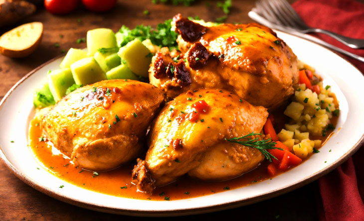 Prato com frango cozido na pela de pressão acompanhado de legumes e molho.