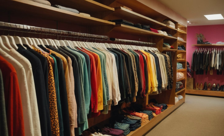 Araras de loja com camisas e blusas coloridas.