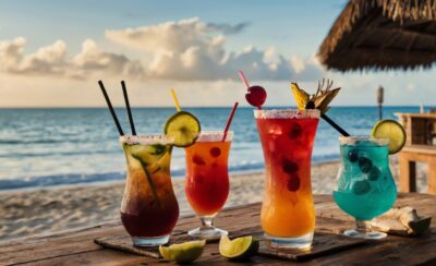 Quatro drinks em mesa próxima do mar.