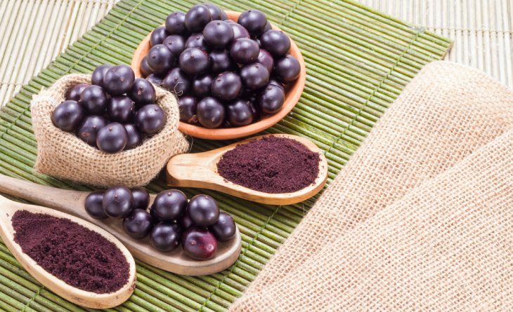 Potes com a fruta do açaí e colheres com a polpa.