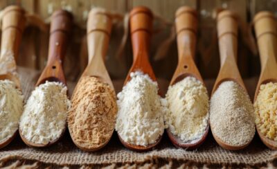 Colheres com farinhas.