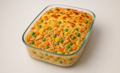 Arroz de forno em travessa de vidro.