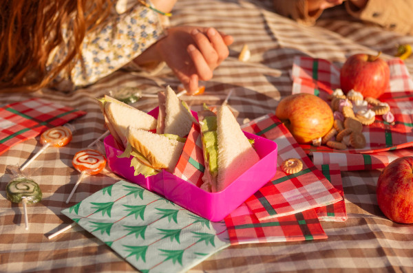 Sanduiches sobre toalha de piquenique.