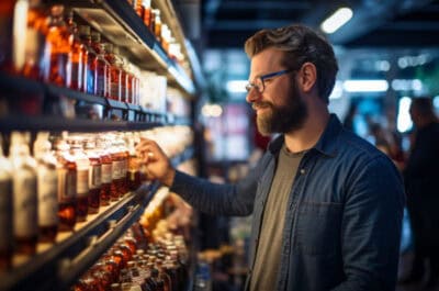 Homem escolhendo bebidas no mercado.