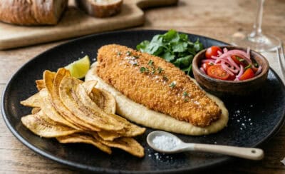 Peixe frito com purê de banana.